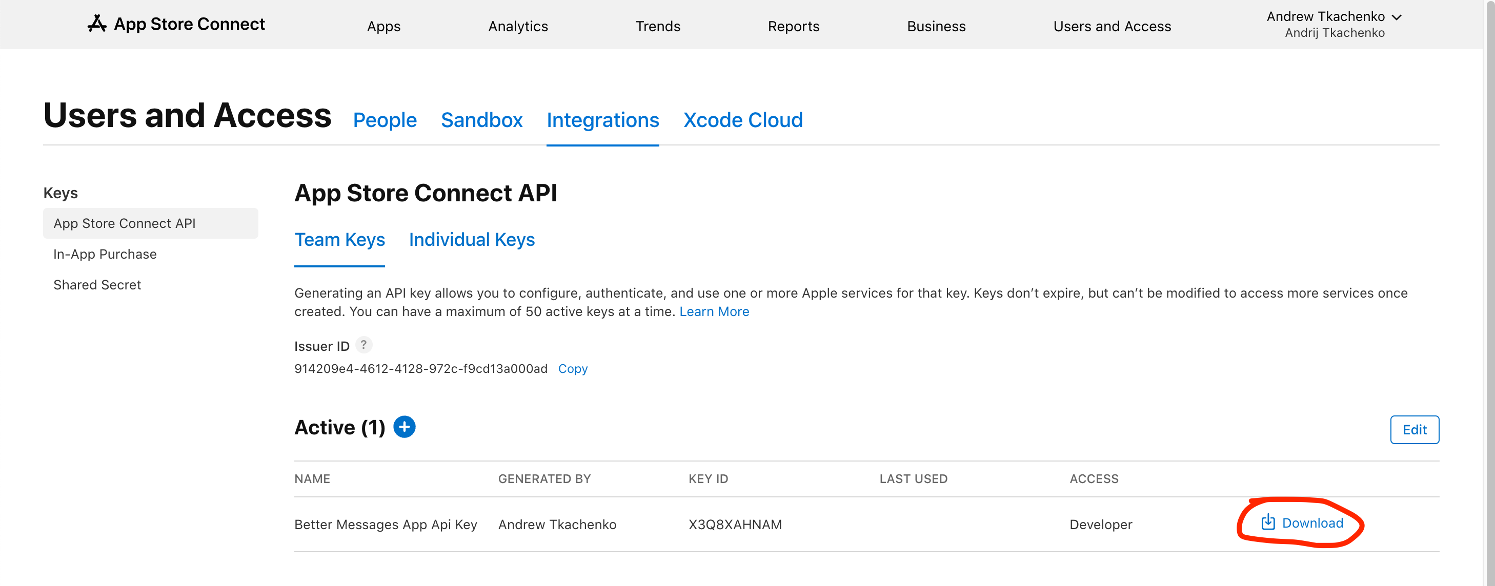 App Store Connect Generated API Key