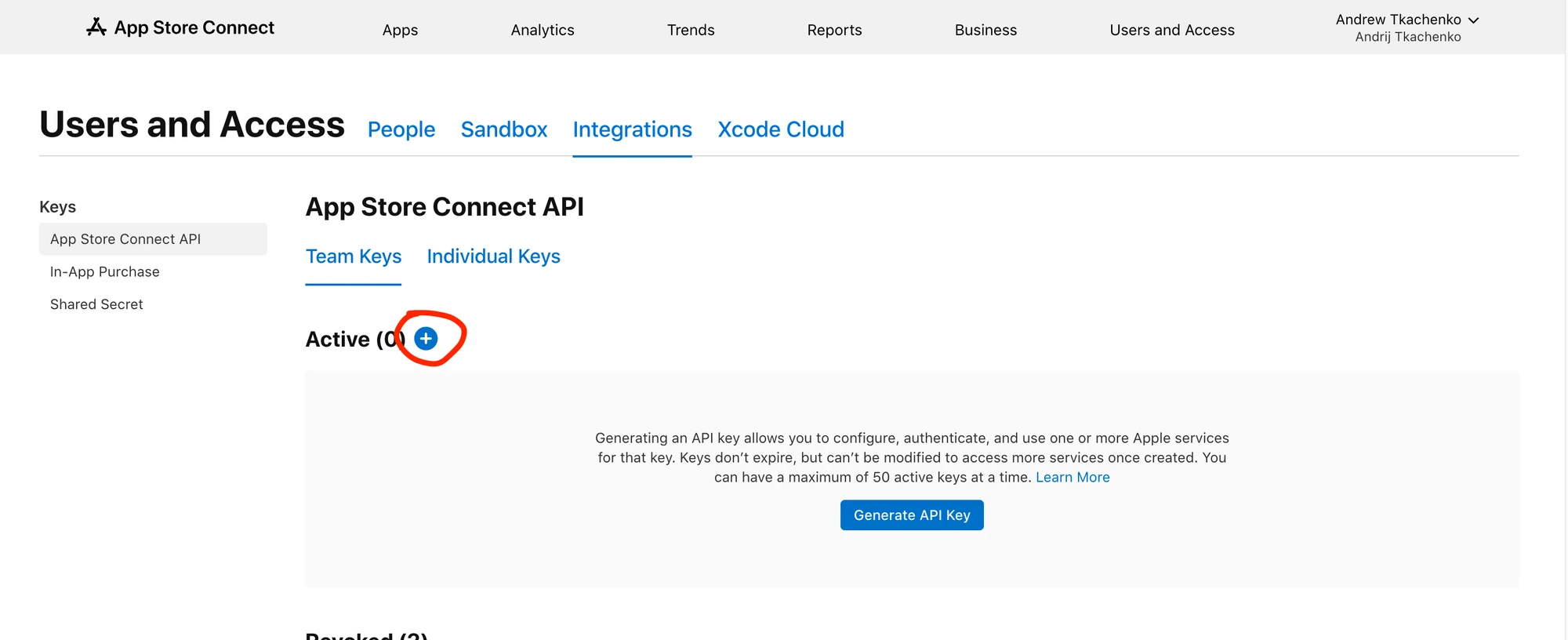 App Store Connect API Add New Key
