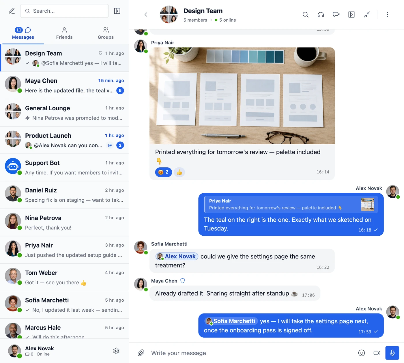 A group conversation: a shared photo with emoji reactions, a reply quoting it, and messages that mention people by name