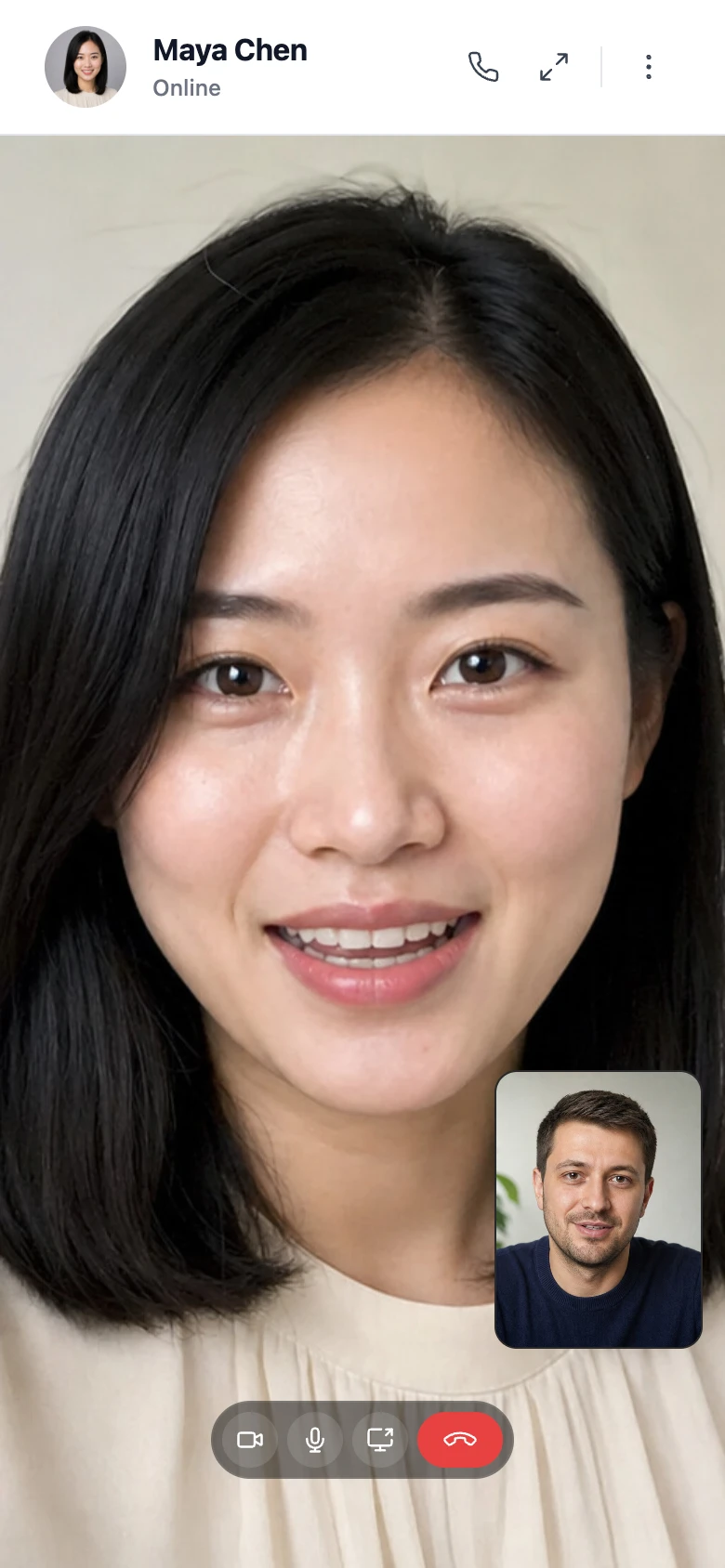 A video call on a phone, with your own camera in the corner