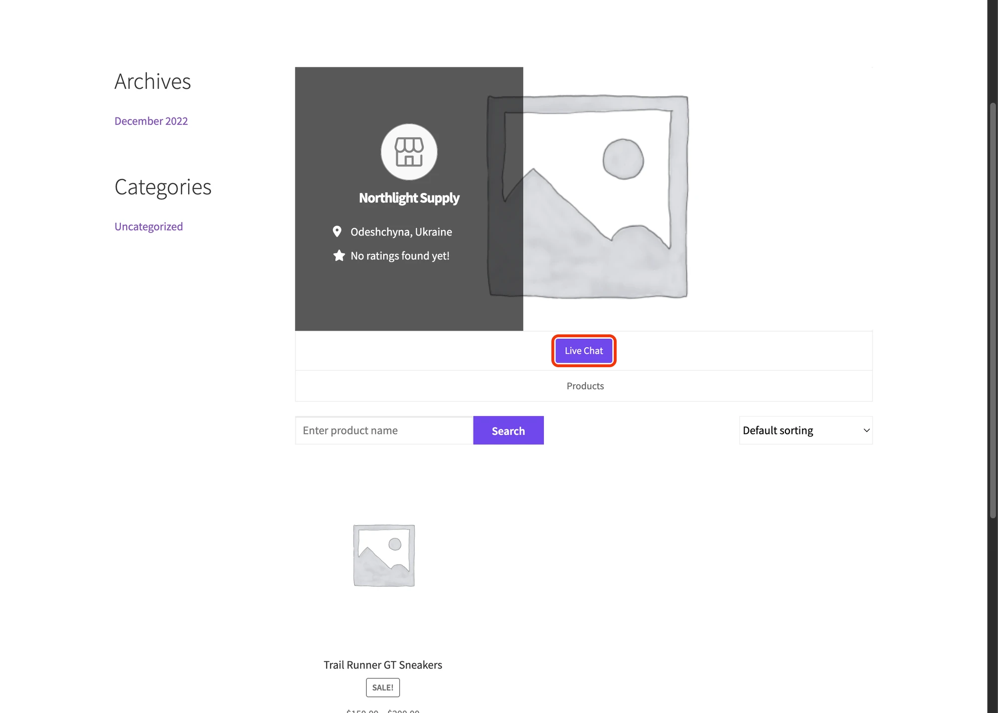 Live Chat button on a Dokan vendor shop page next to the vendor info