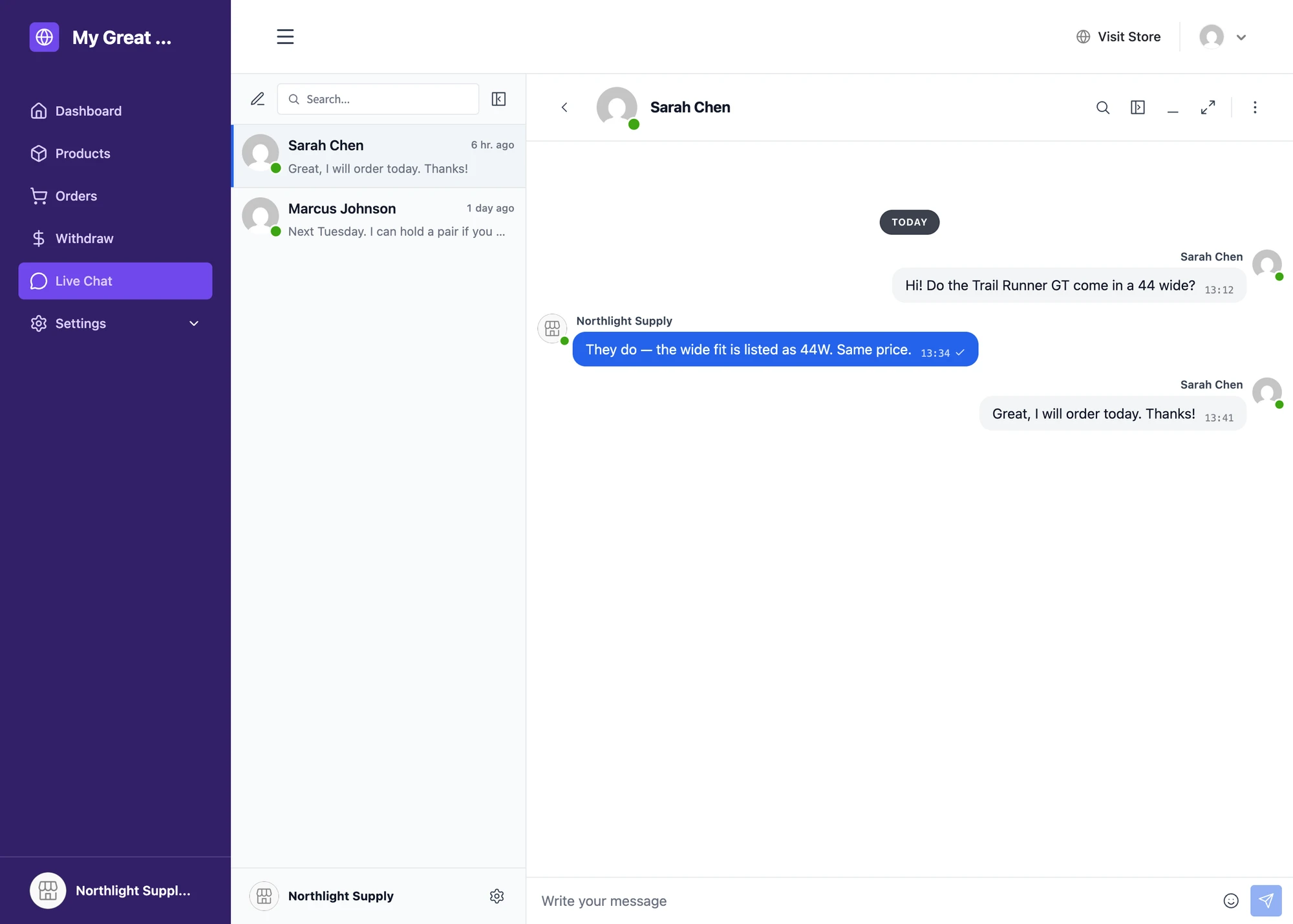 Live Chat tab on the Dokan vendor dashboard